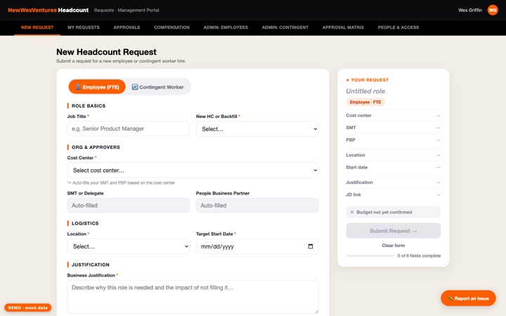 Headcount request form and approval workflow