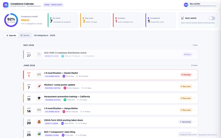 Compliance Calendar demo